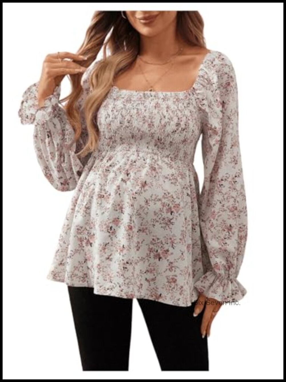 Maternity Floral Smocked Ruffle Long Sleeve Peplum Blouse
